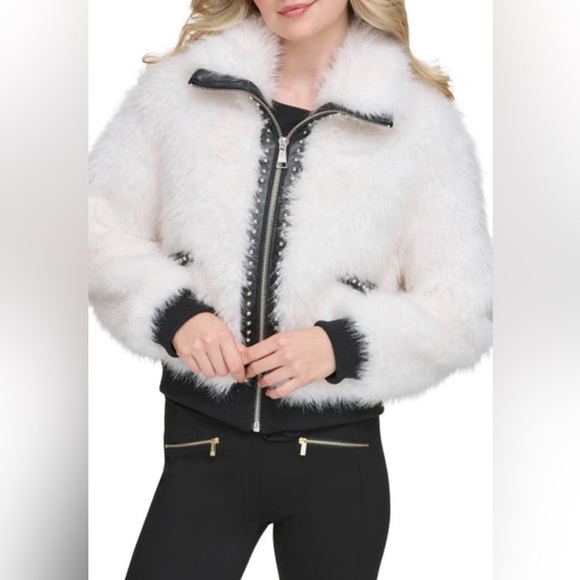 Karl Lagerfeld Jackets & Blazers - Karl Lagerfield Paris Studded Faux Fur Bomber Jacket NEW Mob Wife Aesthetic